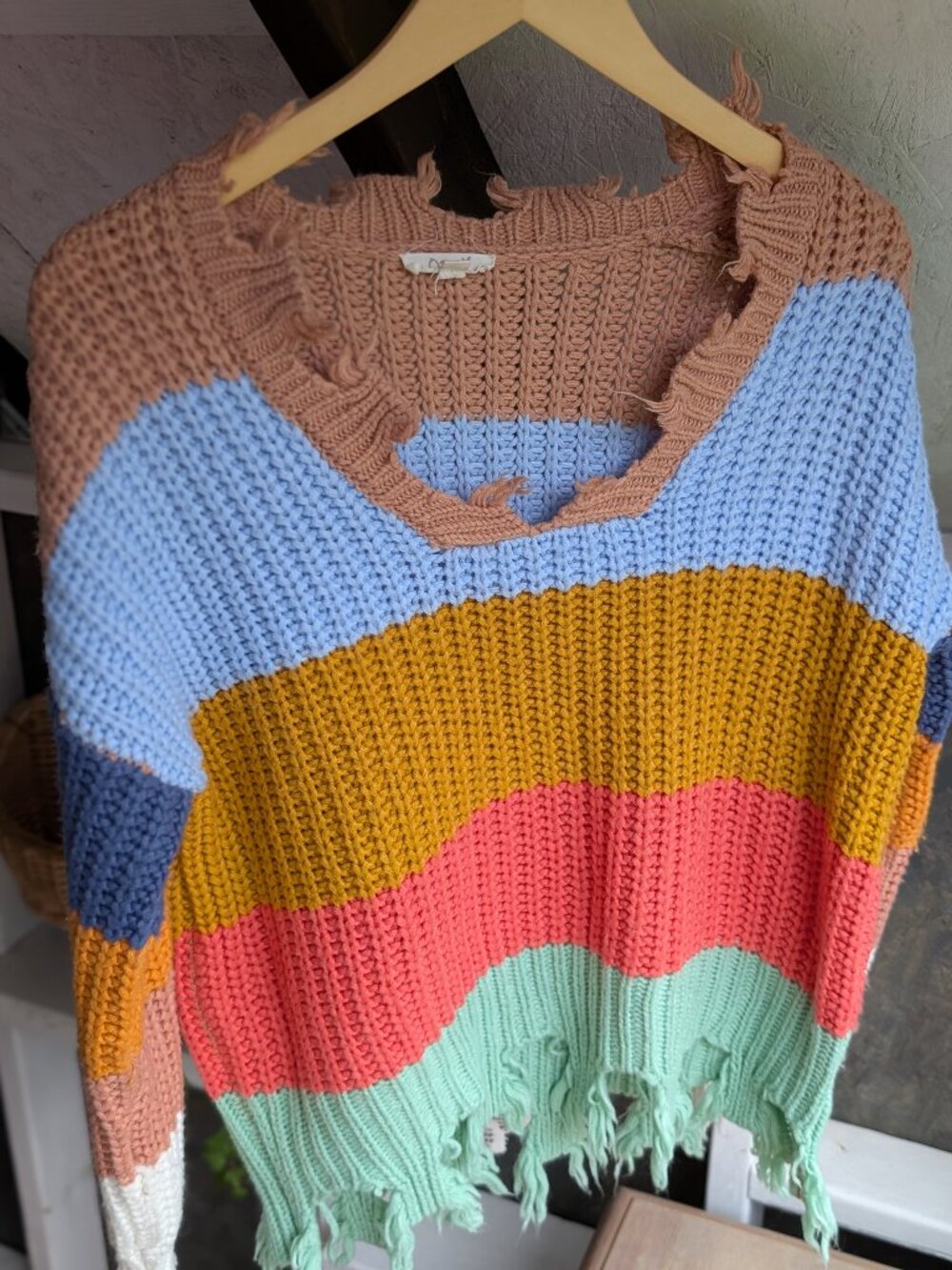 ODDI Distressed Colorblock Striped Chunky Knit Fringe Sweater M/L